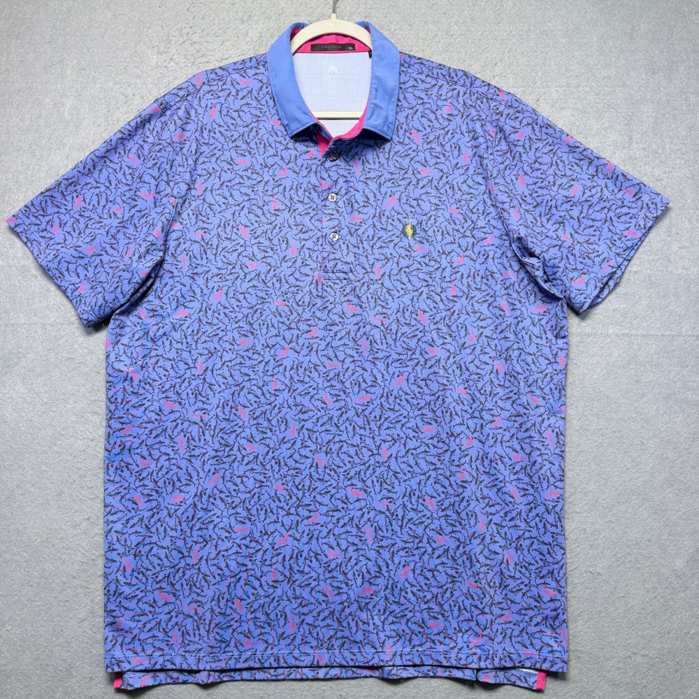 Greyson Mens XL Shark Print Golf Polo Shirt Purple Blue Performance Stretch